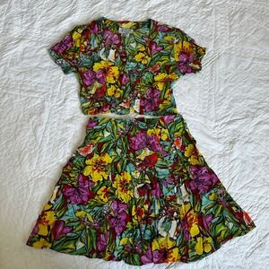 JDB of California Vintage 90s Tropical Bird Floral 2 Piece Set Crop Top Skirt M